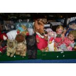 TWO BOXES OF VINTAGE SOFT TOYS AND DOLLS, to include a vintage Gabrielle Designs Paddington Bear