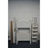A PAINTED SINGLE BUNK BED, with pine slats (condition:-distressed condition, missing a set of pine