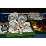 FIVE BOXES OF CERAMICS, to include Hornsea 'Saffron' pattern tea Wares, a quantity of meat plates,