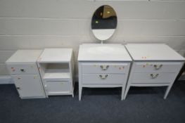 A SELECTION OF WHITE PAINTED BEDROOM FURNITURE, to include a dressing chest, with a single oval