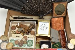 A BOX OF ASSORTED ITEMS, to include an a/f brass carriage clock, with four glass viewing panels,