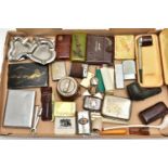 A BOX OF SMOKING RELATED ITEMS, to include a cased smoking pipe, pipe signed 'Falcon made in