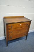 AN OAK CHEST OF THREE DRAWERS, width 91cm x depth 45cm x height 96cm (condition:-beading missing too