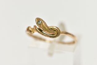 A GOLD PLATED SNAKE RING, coiled snake set with a colourless cubic zirconia to the head, unmarked,