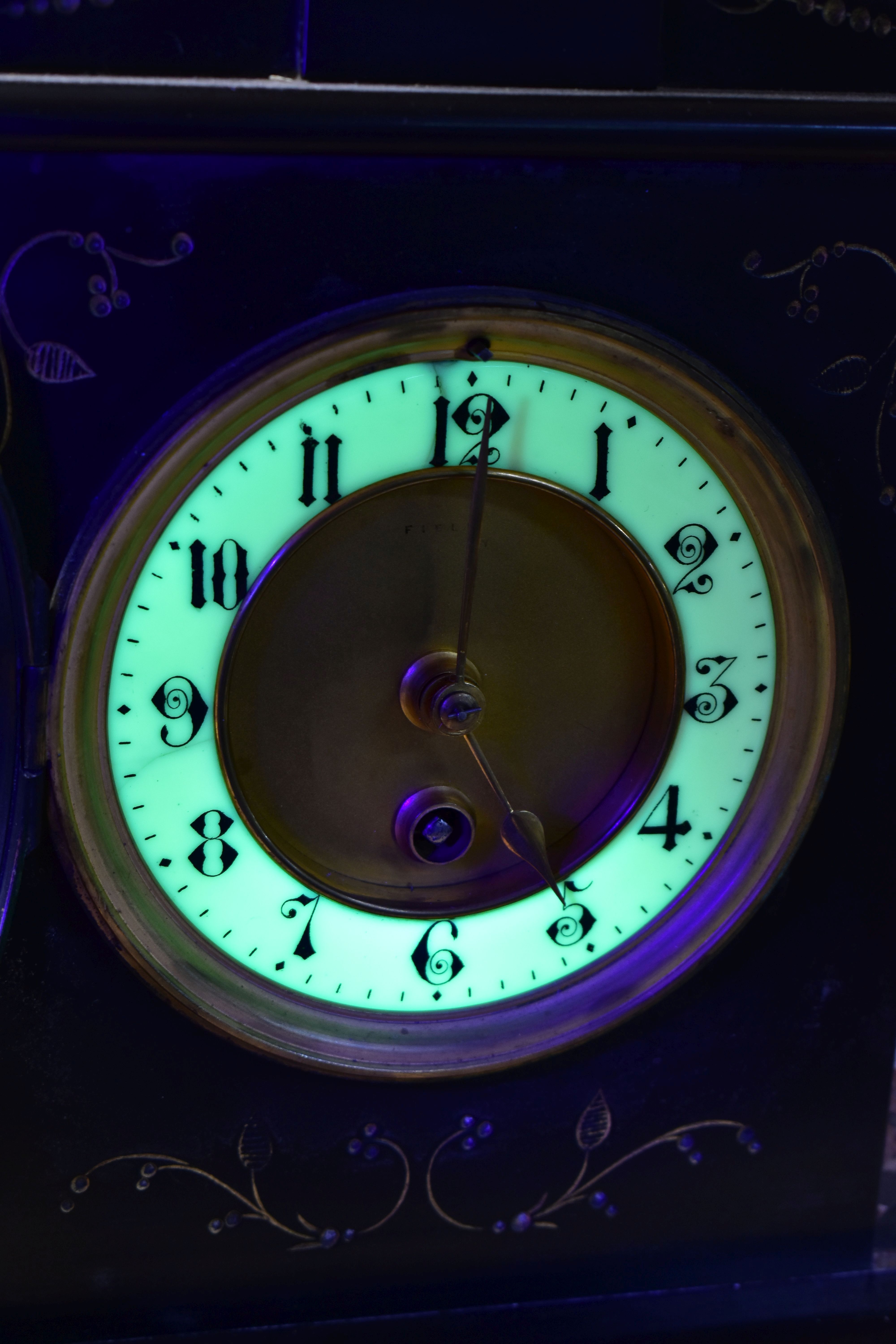 TWO MANTEL CLOCKS, comprising a black slate mantel clock with red marble inserts, engraved foliate - Image 7 of 7