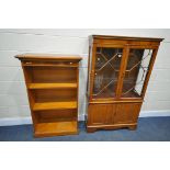 A YEWWOOD TWO DOOR DISPLAY CABINET, with two glass shelves, width 95cm x depth 34cm x height