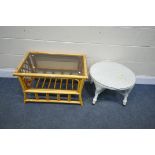 A WHITE PAINTED LLOYD LOOM CIRCULAR OCCASIONAL TABLE, diameter 57cm x height 38cm, and a wicker