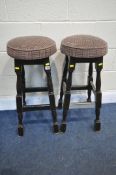 A PAIR OF 20TH CENTURY PUB STOOLS, height 77cm (condition - worn upholstery, heavily stained, one