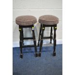 A PAIR OF 20TH CENTURY PUB STOOLS, height 77cm (condition - worn upholstery, heavily stained, one