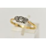 A THREE STONE DIAMOND RING, three old cut diamonds, approximate total diamond weight 0.30ct, set