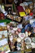 THREE BOXES OF DECORATIVE ORNAMENTS AND SUNDRY ITEMS ETC, to include Wade Whimsies, ceramic,