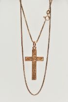 A 9CT GOLD PENDANT AND CHAIN, a rose gold cross pendant with floral and foliage engraved detail,