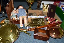 THREE BOXES AND LOOSE LAMP, METALWARES, TREEN AND SUNDRY ITEMS, to include a brass oil lamp with