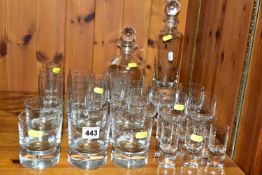 A SET OF KOSTA BODA PIPPI DESIGN GLASSWARE AND DECANTERS, comprising two decanters, a set of six