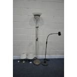 AN ASK SERIOUS READERS LAMP, along with a chrome floor lamp, two table lamps, along with a stainless