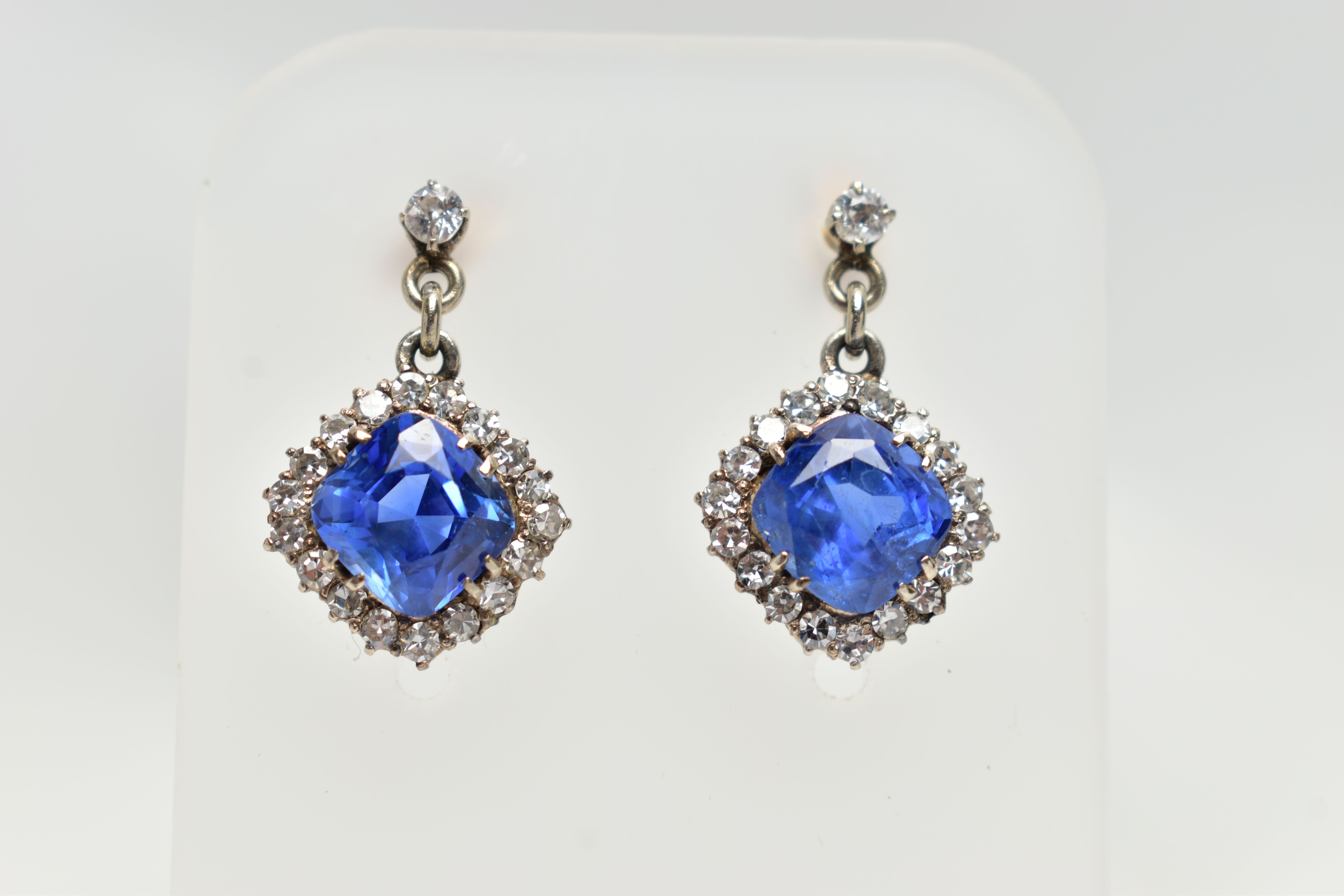 A PAIR OF EARLY 20TH CENTURY SAPPHIRE AND DIAMOND EARRINGS, each earring set with a cushion cut - Image 5 of 11
