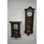 A 19TH CENTURY WALNUT REGULATOR WALL CLOCK, with two weights, pendulum and winding key, height 109cm