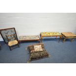 A SELECTION OF OCCASIONAL FURNITURE, to include a long footstool, with needlework fabric, on