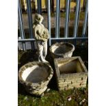 A COMPOSITE SANDFORD STONE BRICK EFFECT SQUARE PLANTER, 35cm squared x height 24cm, two circular