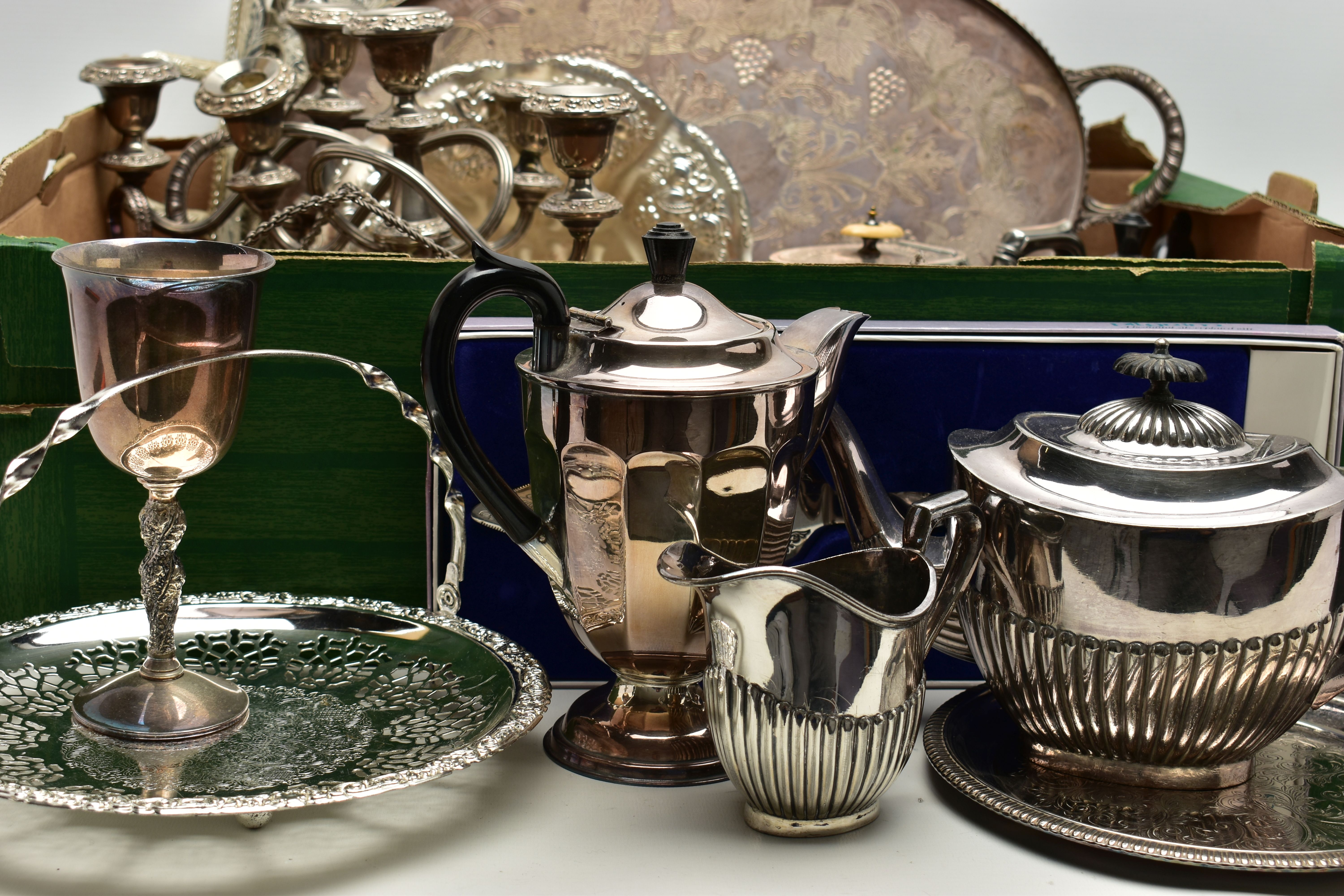 A BOX OF ASSORTED WHITE METAL WARE, to include two trays, a pair of candelabras, a sugar caster, a - Image 2 of 5