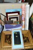 TWO BOXES AND LOOSE PAINTINGS AND PRINTS ETC, to include an early 20th century pen and watercolour