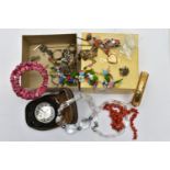 A SMALL BOX OF ASSORTED JEWELLERY, to include a rolled gold plated bangle, fitted with a push