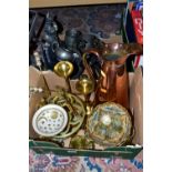 TWO BOXES OF METALWARES, to include a copper jug height 35cm, a box of brass wares including a