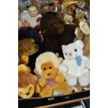 TWO BOXES AND LOOSE DOLLS AND SOFT TOYS, to include a wax headed doll with composition lower