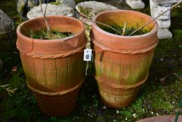 A PAIR OF TALL WEATHERED TERRACOTTA PLANTERS, diameter 36cm x height 50cm (condition:-chips to outer