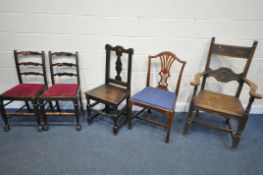 A LATE 19TH/EARLY 20TH CENTURY OAK ARMCHAIR, with open armrests (condition:-worn finish) a similar