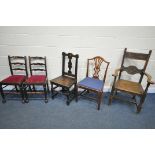 A LATE 19TH/EARLY 20TH CENTURY OAK ARMCHAIR, with open armrests (condition:-worn finish) a similar