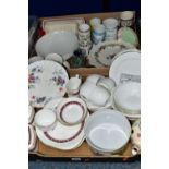 TWO BOXES OF CERAMICS, to include nine pieces of Royal Doulton Minuet H5026 tea wares, a Crown