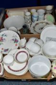 TWO BOXES OF CERAMICS, to include nine pieces of Royal Doulton Minuet H5026 tea wares, a Crown