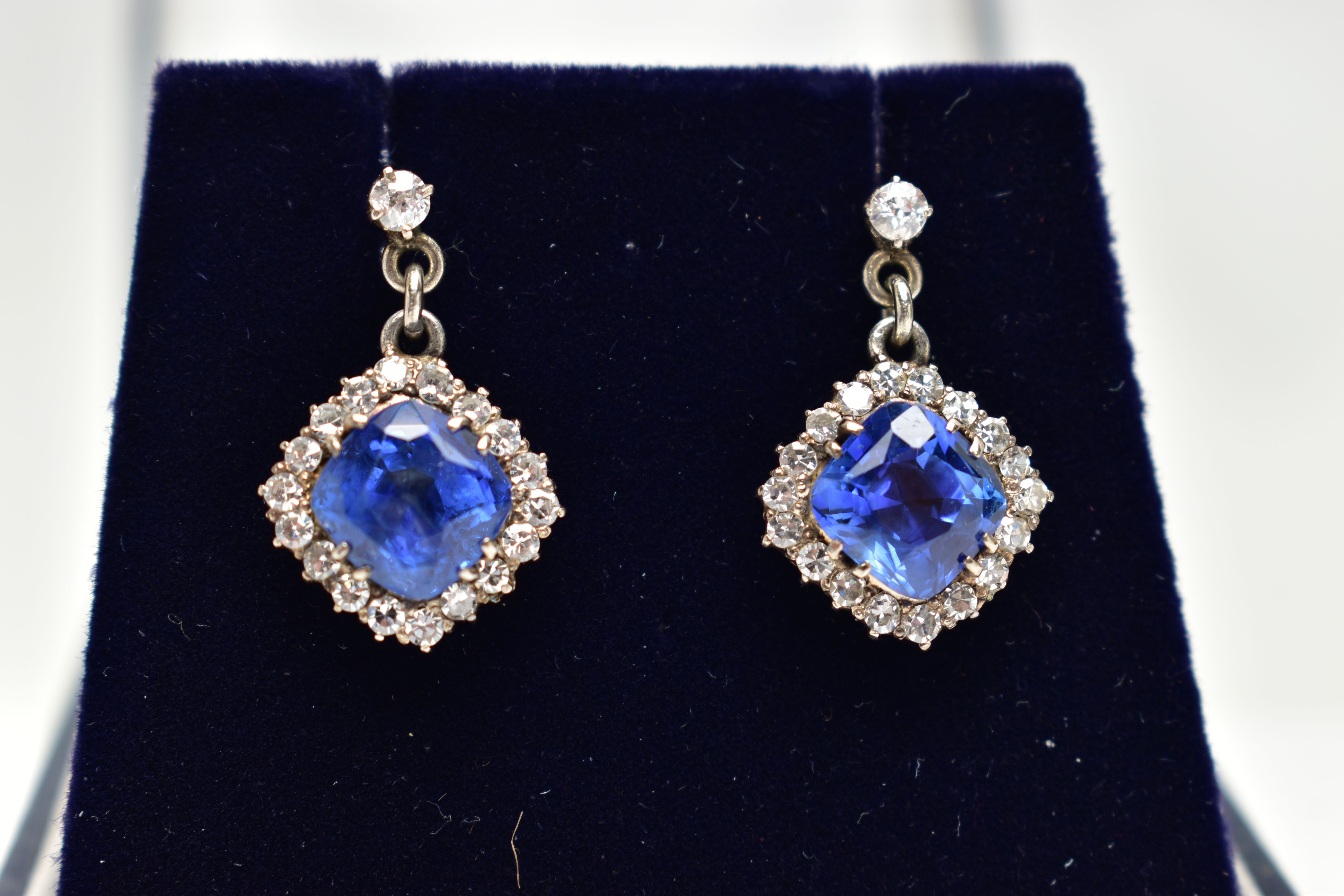 A PAIR OF EARLY 20TH CENTURY SAPPHIRE AND DIAMOND EARRINGS, each earring set with a cushion cut - Image 8 of 11
