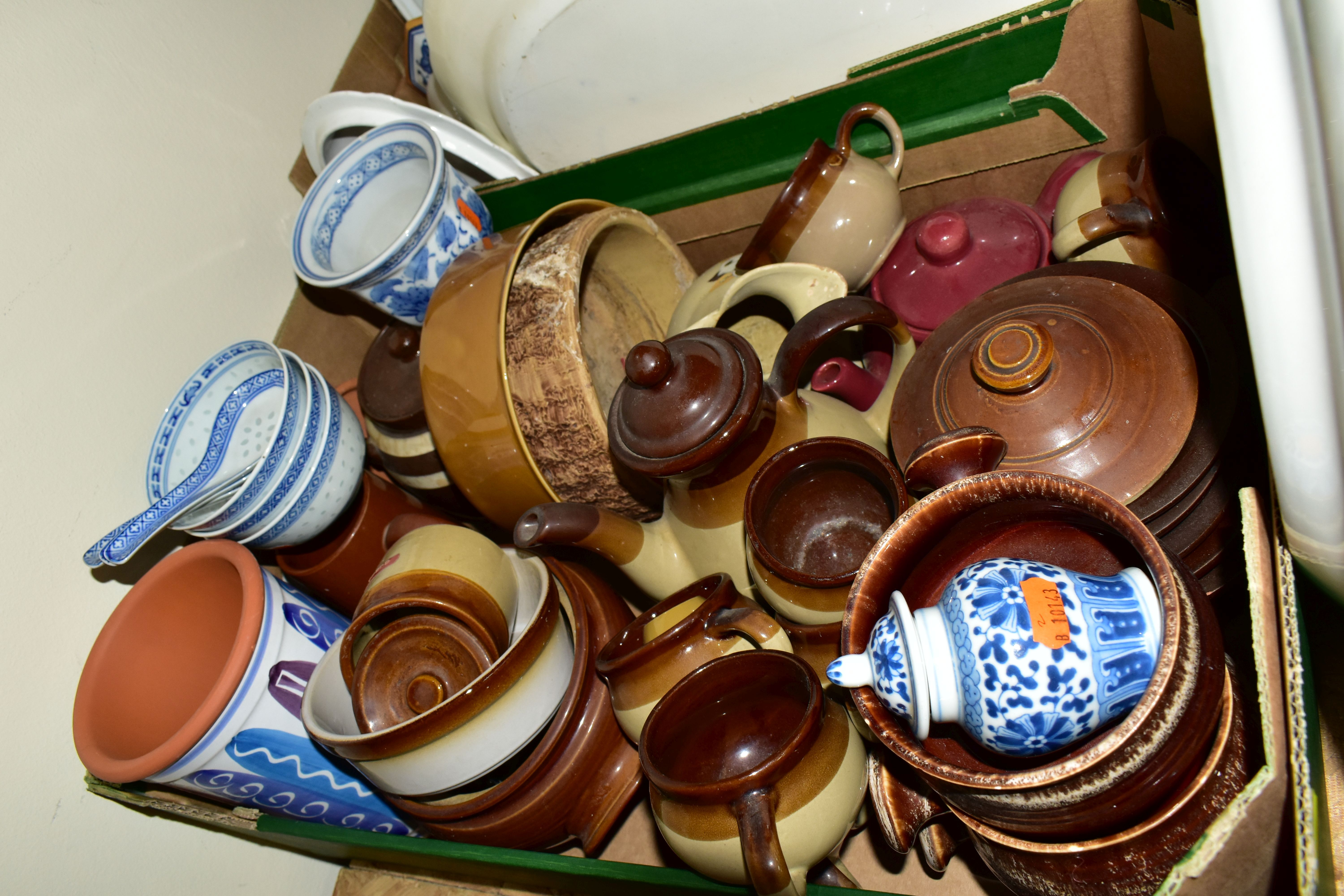 FIVE BOXES OF CERAMICS, to include a large black and white Royal Doulton 'Willow' pattern meat - Image 7 of 8