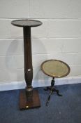 A MAHOGANY TORCHERE STAND, height 110cm (condition:-crack to top) and a mahogany wine table (2)