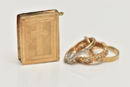 A 9CT GOLD CHARM AND YELLOW METAL CHARM, the first a yellow gold Holy Bible charm, hallmarked 9ct