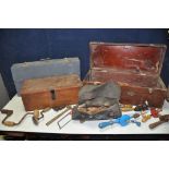 FOUR BESPOKE WOODEN TOOLBOXES comprising a large wooden toolbox containing vintage tools such as