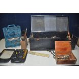A WOODEN TOOLBOX containing tools such as screwdrivers, chisels, hammers, small socket/driver set,
