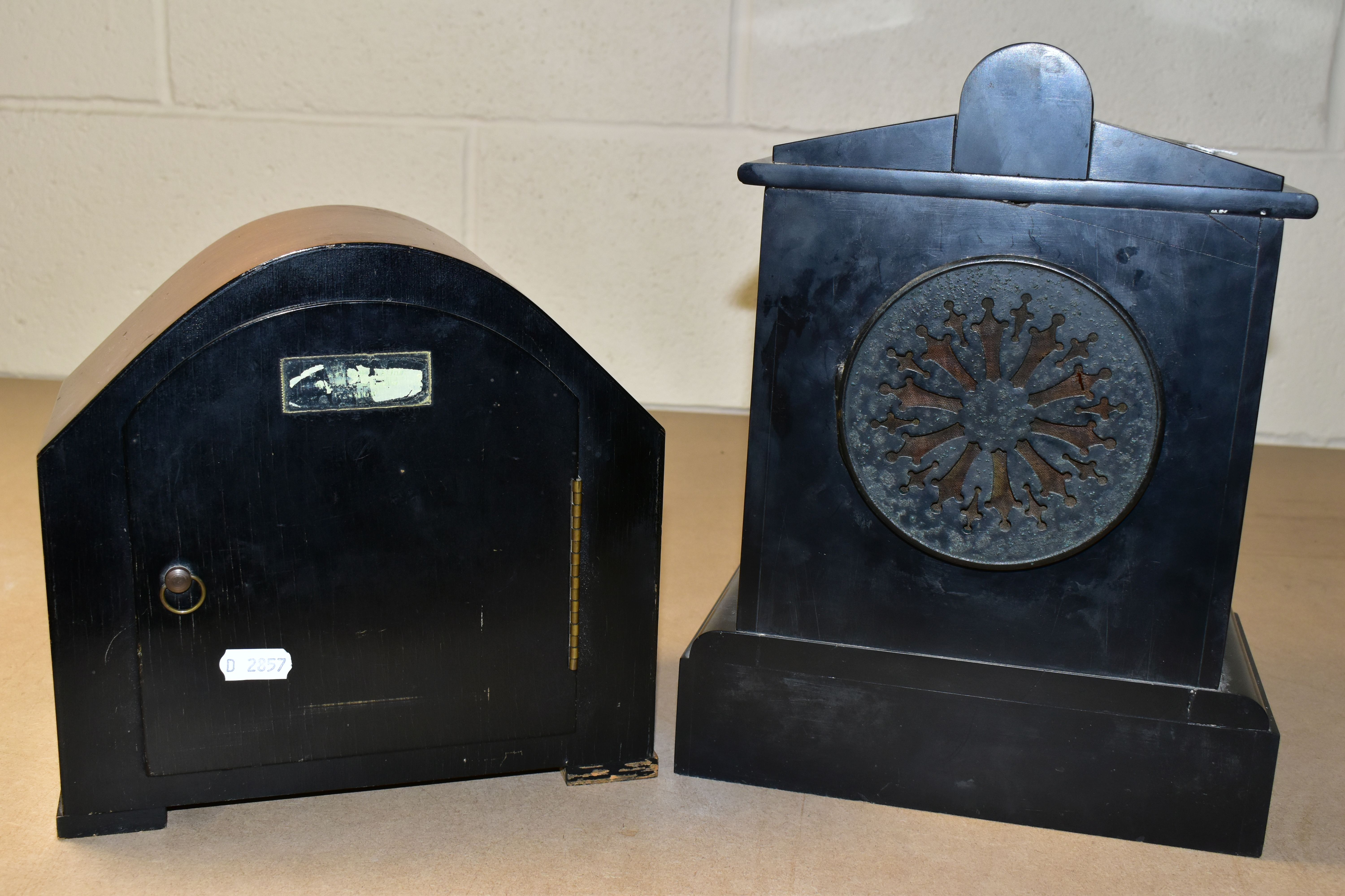 TWO MANTEL CLOCKS, comprising a black slate mantel clock with red marble inserts, engraved foliate - Image 4 of 7