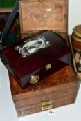 THREE WOODEN BOXES, comprising a Victorian burr walnut rectangular apothecaries box, the hinged