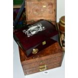 THREE WOODEN BOXES, comprising a Victorian burr walnut rectangular apothecaries box, the hinged