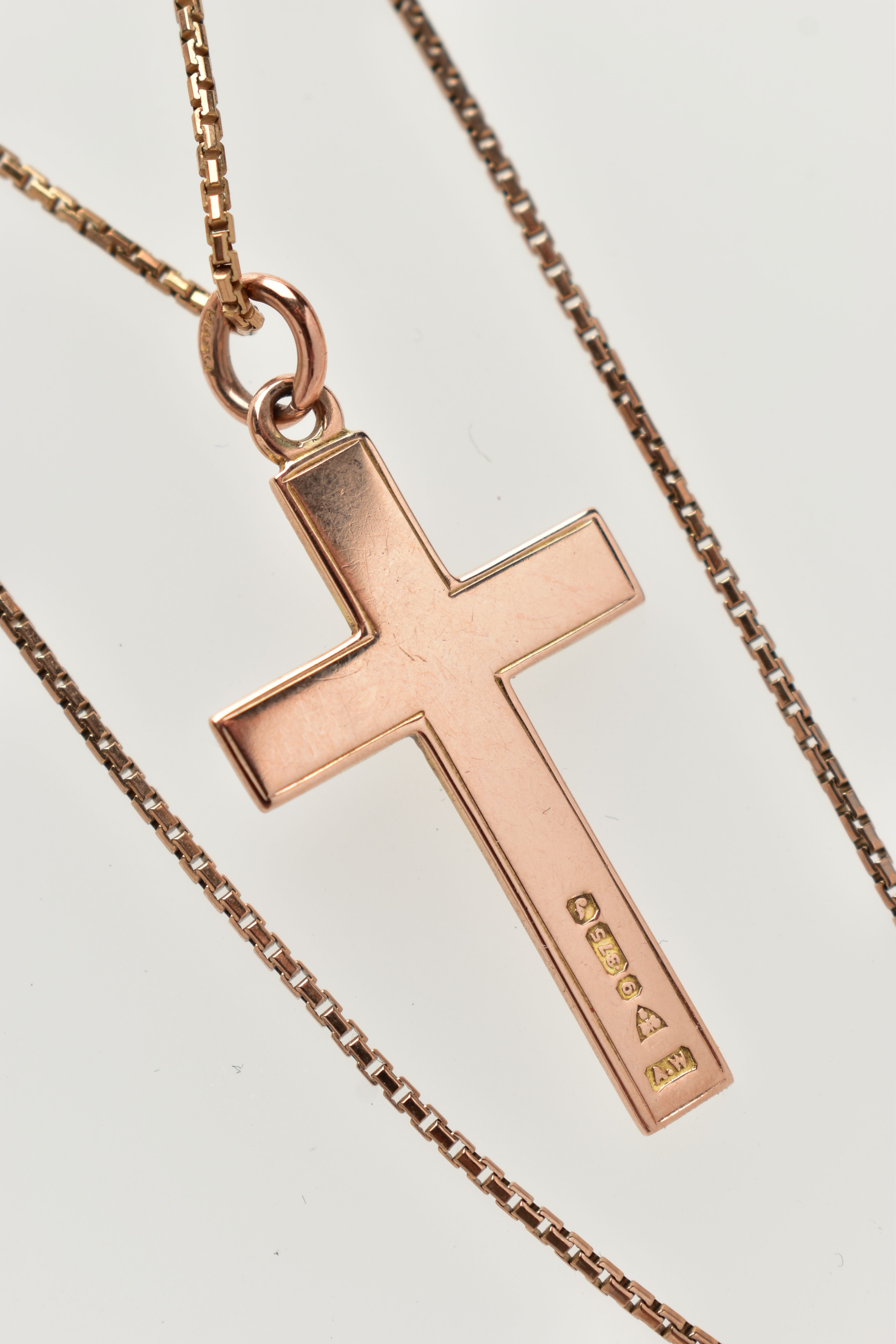 A 9CT GOLD PENDANT AND CHAIN, a rose gold cross pendant with floral and foliage engraved detail, - Image 3 of 3