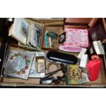 A BOX CONTAINING RAILWAY INTEREST POSTCARDS, FOREIGN COINS AND BANKNOTES, SILVER AND PINK ENAMEL