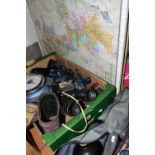 A BOX AND LOOSE SCALES, MAP, CAMERAS AND SUNDRY ITEMS, to include a set of EKS bathroom scales, a