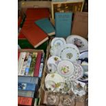FOUR BOXES OF BOOKS, RECORDS & SUNDRIES to include forty-nine book titles in hardback format,