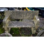 A WEATHERED COMPOSITE GARDEN BENCH, gothic taste, that dismantles into four pieces, length 129cm x