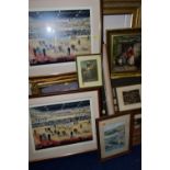 A SMALL COLLECTION OF PAINTINGS AND PRINTS ETC, to include an unsigned oil on canvas depicting an