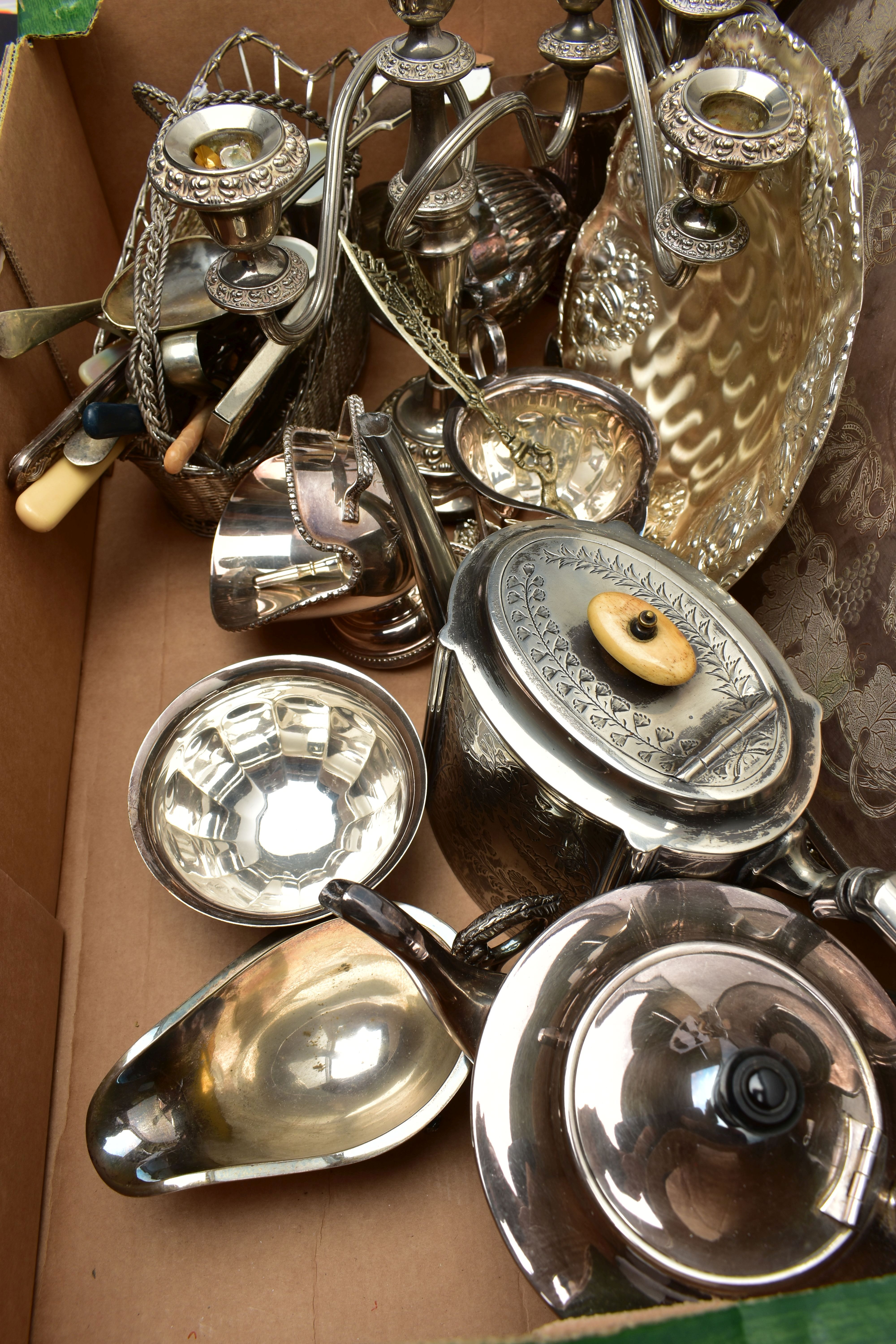 A BOX OF ASSORTED WHITE METAL WARE, to include two trays, a pair of candelabras, a sugar caster, a - Image 4 of 5