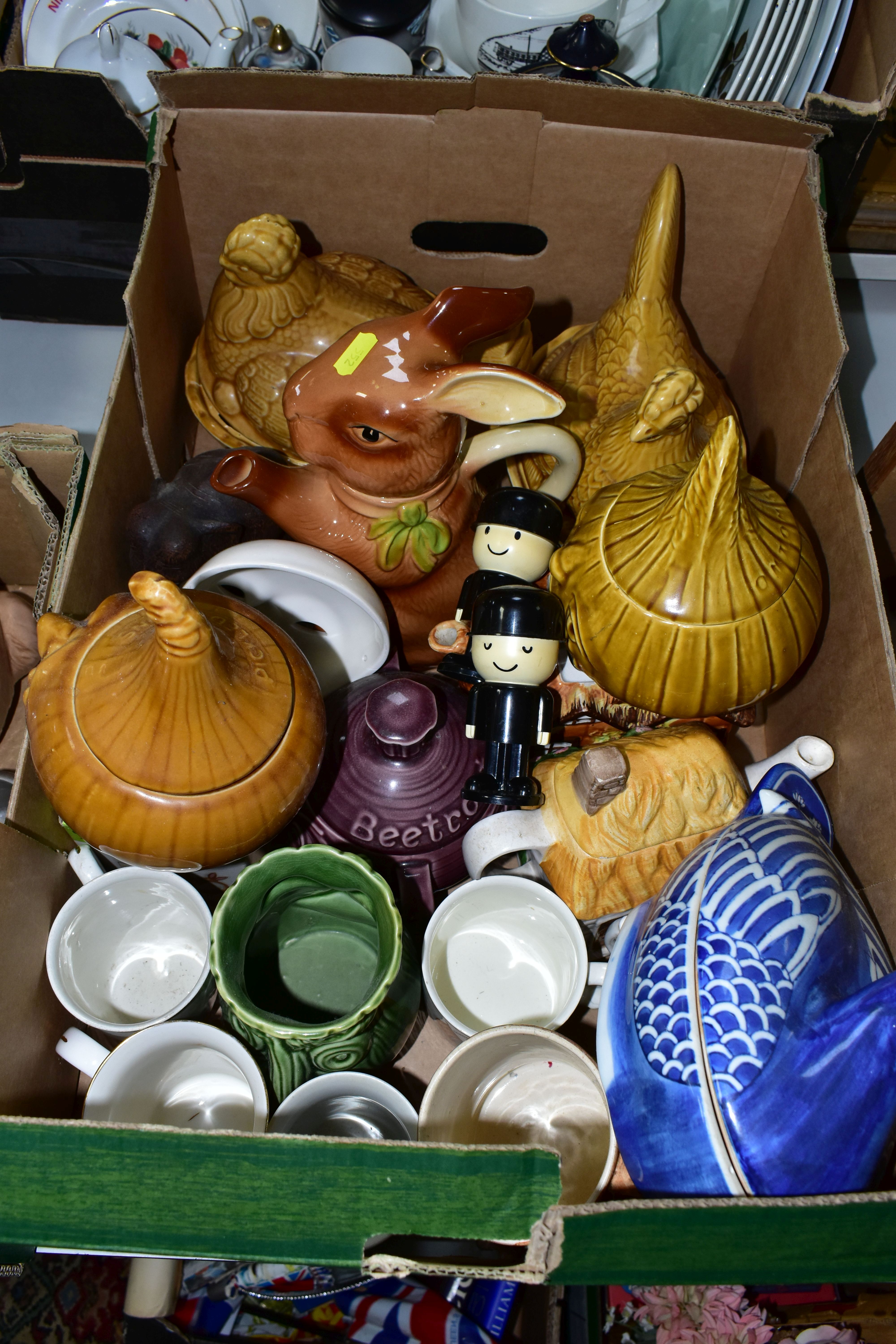 FOUR BOXES OF CERAMICS AND METALWARE, to include assorted tea sets, dinner wares, Spillars Flour - Image 6 of 8